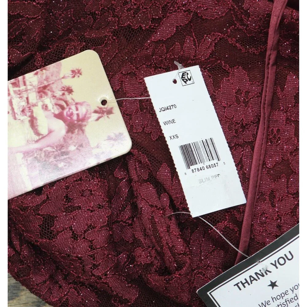 NWT Emerald Sundae Glitter Lace Bodycon Open Back Mini Dress Dark Red 2XS
